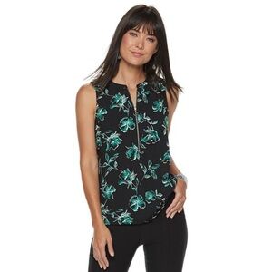 🦋 Apt. 9 Black Green Floral Quarter Zip Sleeveless Blouse Medium